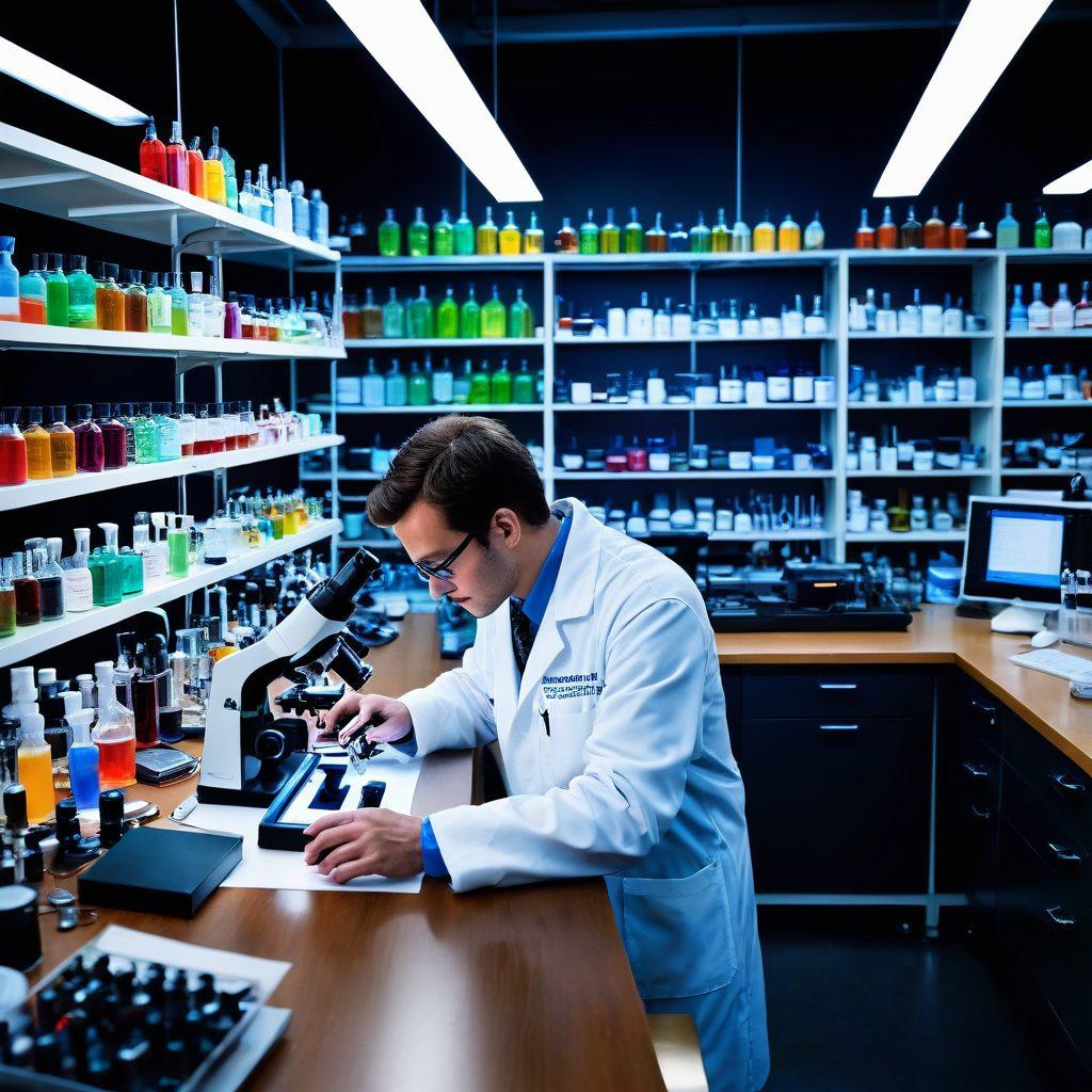 A sleek laboratory workbench filled with essential instruments like microscopes, pipettes, and beakers, illuminated by bright overhead lights. In the background, shelves lined with colorful chemical bottles and scientific manuals. A scientist in a lab coat is intently observing a sample under the microscope, showcasing a dynamic environment of discovery and experimentation. The scene is vibrant and inviting, suggesting innovation and exploration. super-realistic. vibrant colors. clear background.