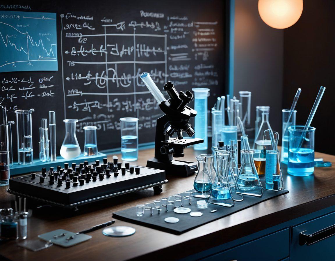 An arranged layout of essential lab apparatus including a microscope, beakers, test tubes, and pipettes on a sleek, modern lab bench. Soft blue lighting highlights the glassware, casting gentle reflections. In the background, a chalkboard with scientific equations is faintly visible, adding depth to the scene. An open notebook filled with sketches and notes lies nearby, emphasizing the research theme. clean and professional style. vibrant colors. 3D.